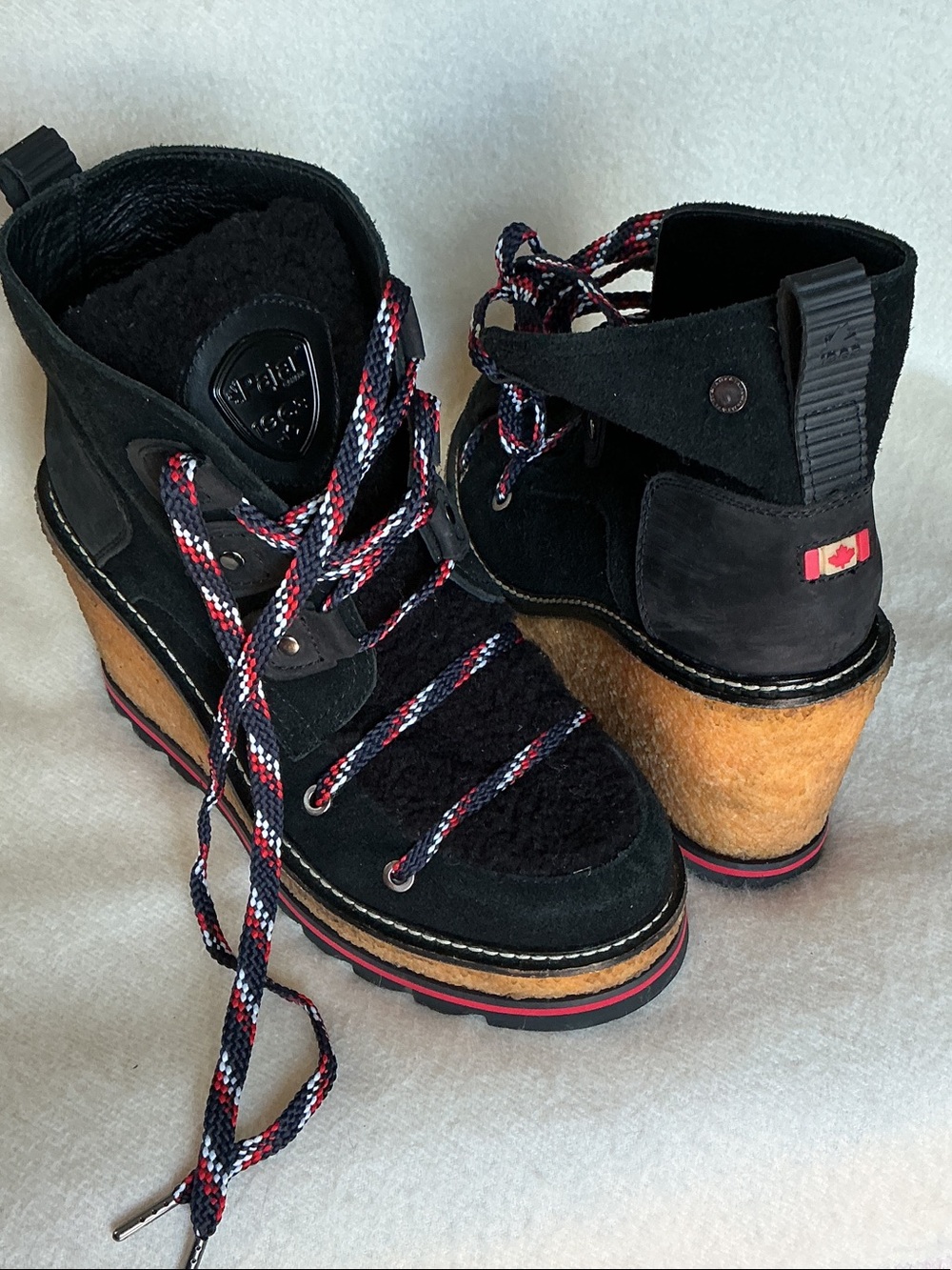 Pajar Black Suede Wedge Boots with Red, White & Navy Braided Laces